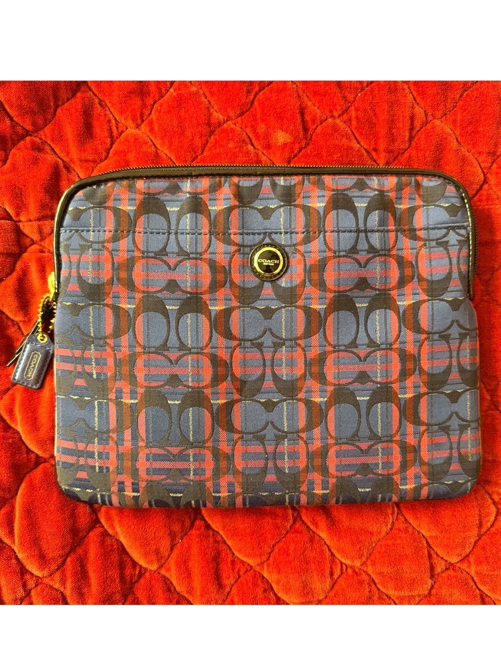 NWOT Coach Signature Plaid Laptop / Tablet Sleeve – Navy & Red